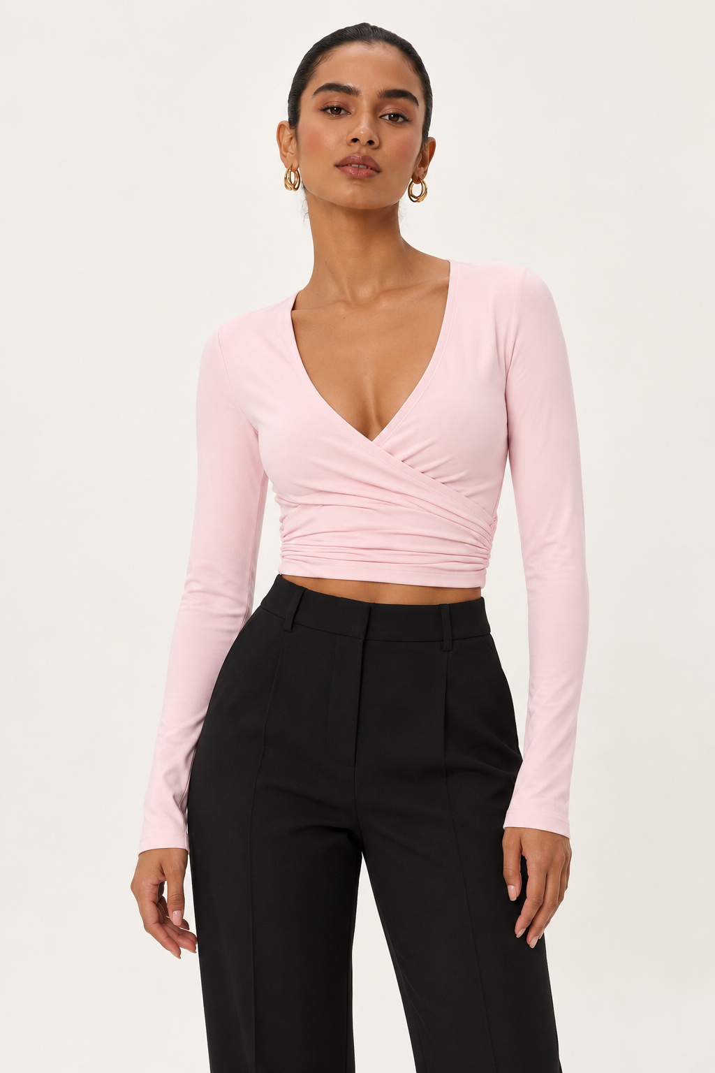 Ruched Wrap Top — Pink front model