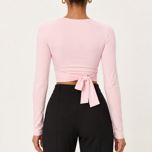 Ruched Wrap Top — Pink back model