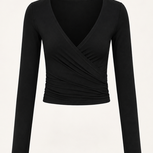 Ruched Wrap Top — Black ghost mannequin