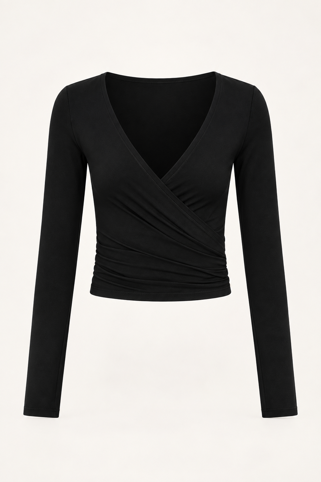 Ruched Wrap Top — Black ghost mannequin