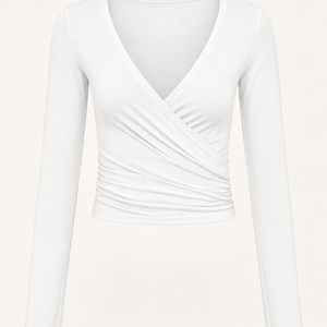 Ruched Wrap Top — White ghost mannequin