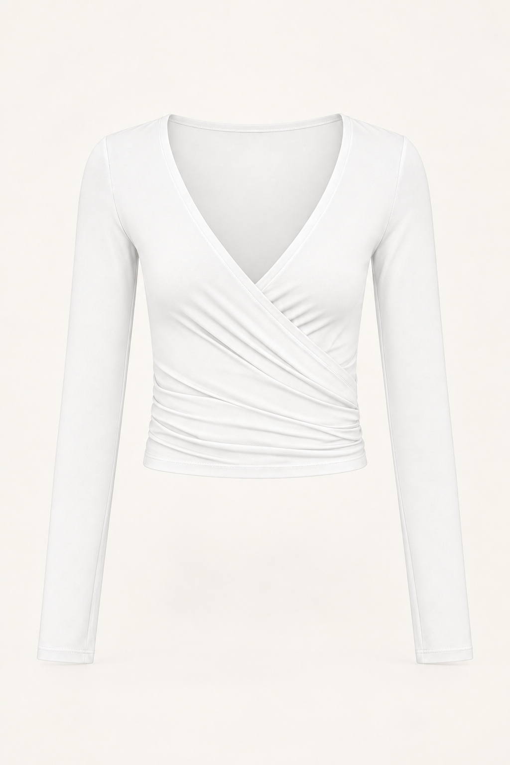 Ruched Wrap Top — White ghost mannequin