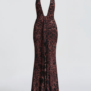 THE NOIRÉ DRESS — Deep-V Halter Leopard Maxi