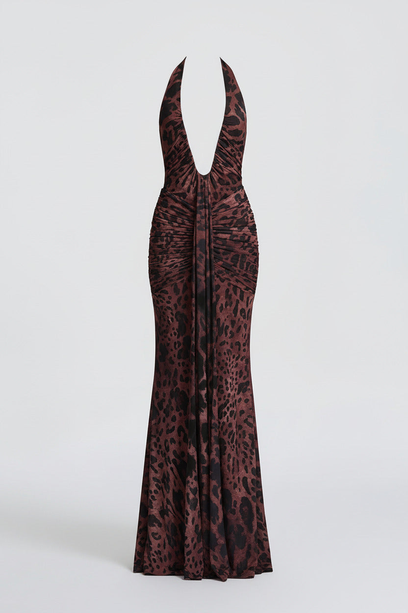THE NOIRÉ DRESS — Deep-V Halter Leopard Maxi