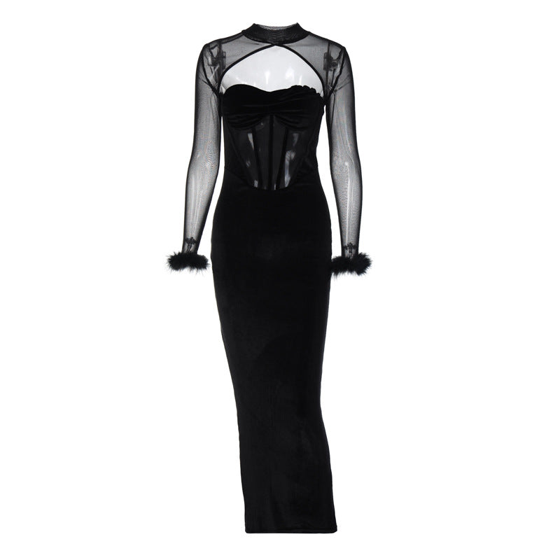 Bianca Velour Mesh Corset Maxi Dress
