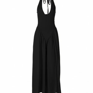 RIVIERA SWING DRESS — Plunging Halter Midi with Full Skirt