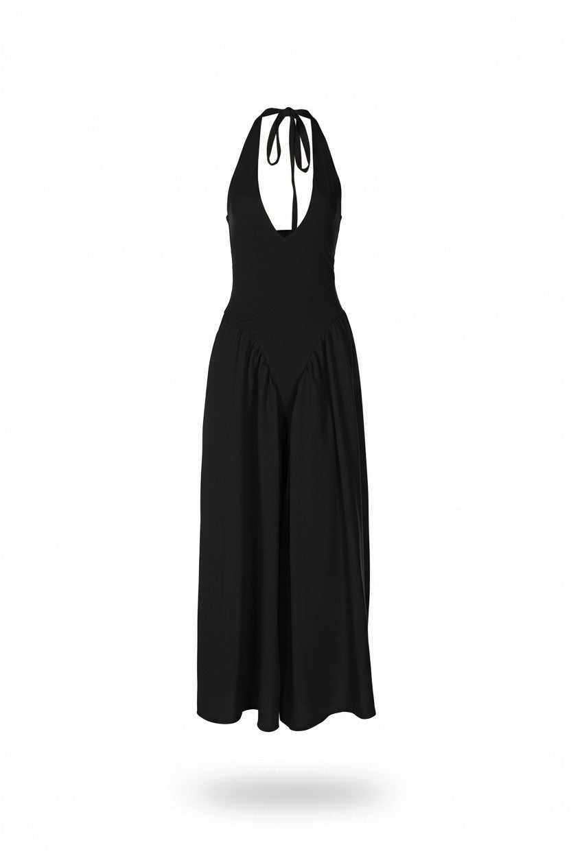 RIVIERA SWING DRESS — Plunging Halter Midi with Full Skirt