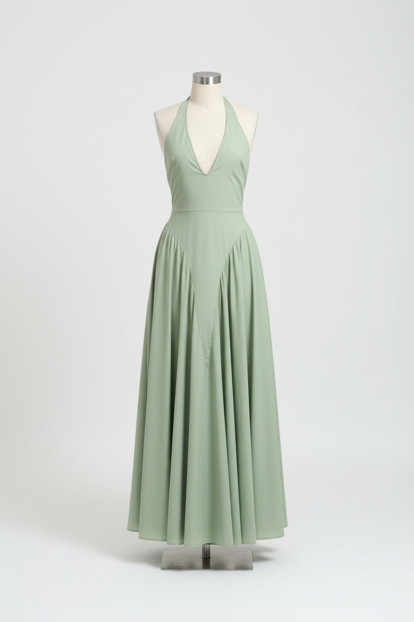 RIVIERA SWING DRESS — Plunging Halter Midi with Full Skirt