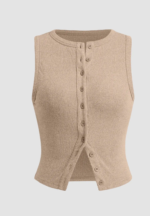 Harper Ribbed Button-Front Sleeveless Cardigan