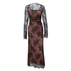 ALESSANDRA GOWN — Ruched Lace Maxi with Detachable Mesh Sleeves