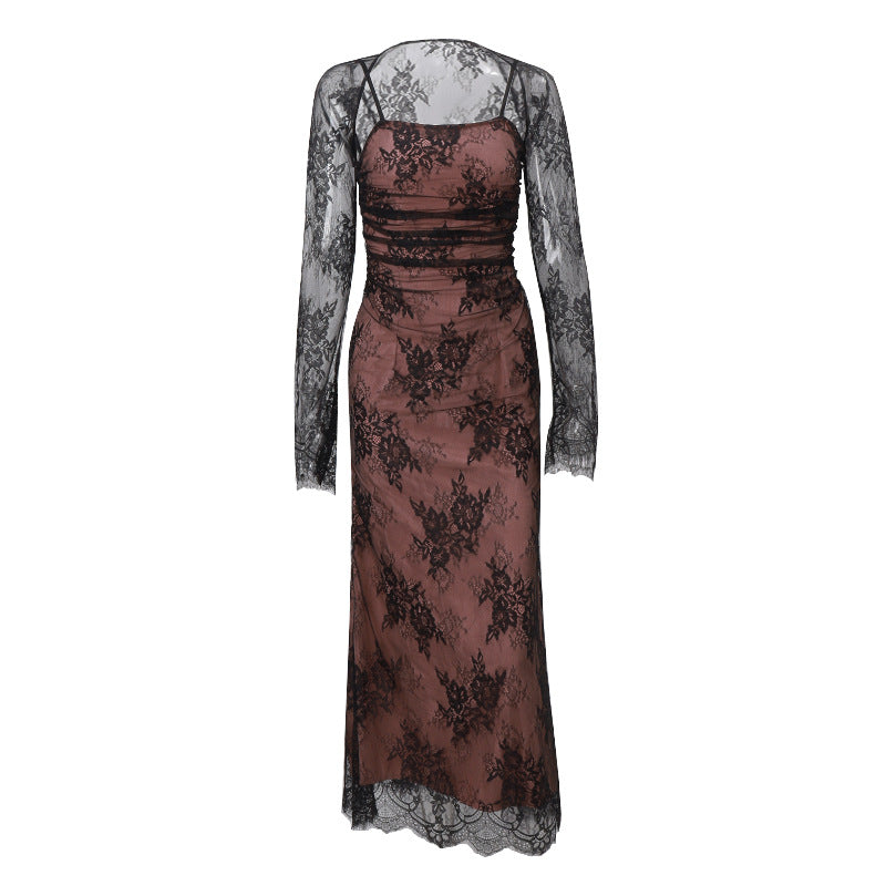 ALESSANDRA GOWN — Ruched Lace Maxi with Detachable Mesh Sleeves
