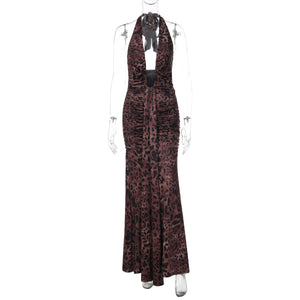THE NOIRÉ DRESS — Deep-V Halter Leopard Maxi