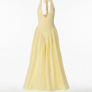 RIVIERA SWING DRESS — Plunging Halter Midi with Full Skirt