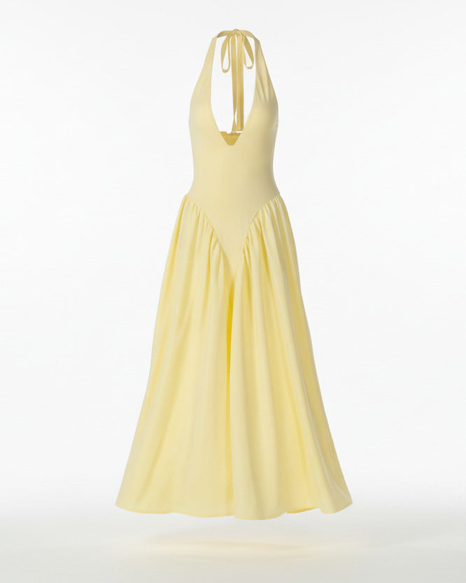RIVIERA SWING DRESS — Plunging Halter Midi with Full Skirt