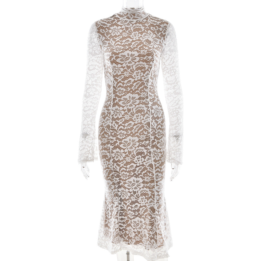 ELOISE DRESS — High-Neck Lace Midi with Ruffle Hem